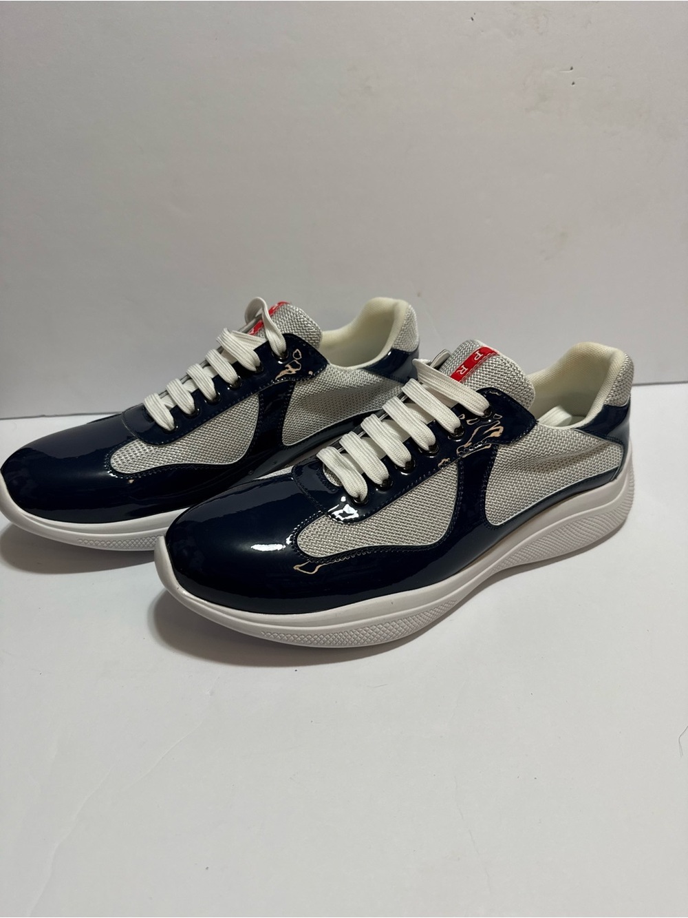 Prada America’s Cup Style Patent Mesh Sneakers Navy White Men’s Size 10.5 EU 44